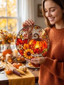 Custom Text Fall Harvest Suncatcher Hanging Plaque, Pumpkin Maple Leaf Round Hanging Plaque, Personalized Window Hanging Decor For Autumn Thanksgiving - Multicolor - View 3