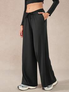 NcmRyu Women's 1pc Solid Color Drawstring Waist Side Pocket Wide Leg Long Pants, Autumn/Winter - Black - View 9