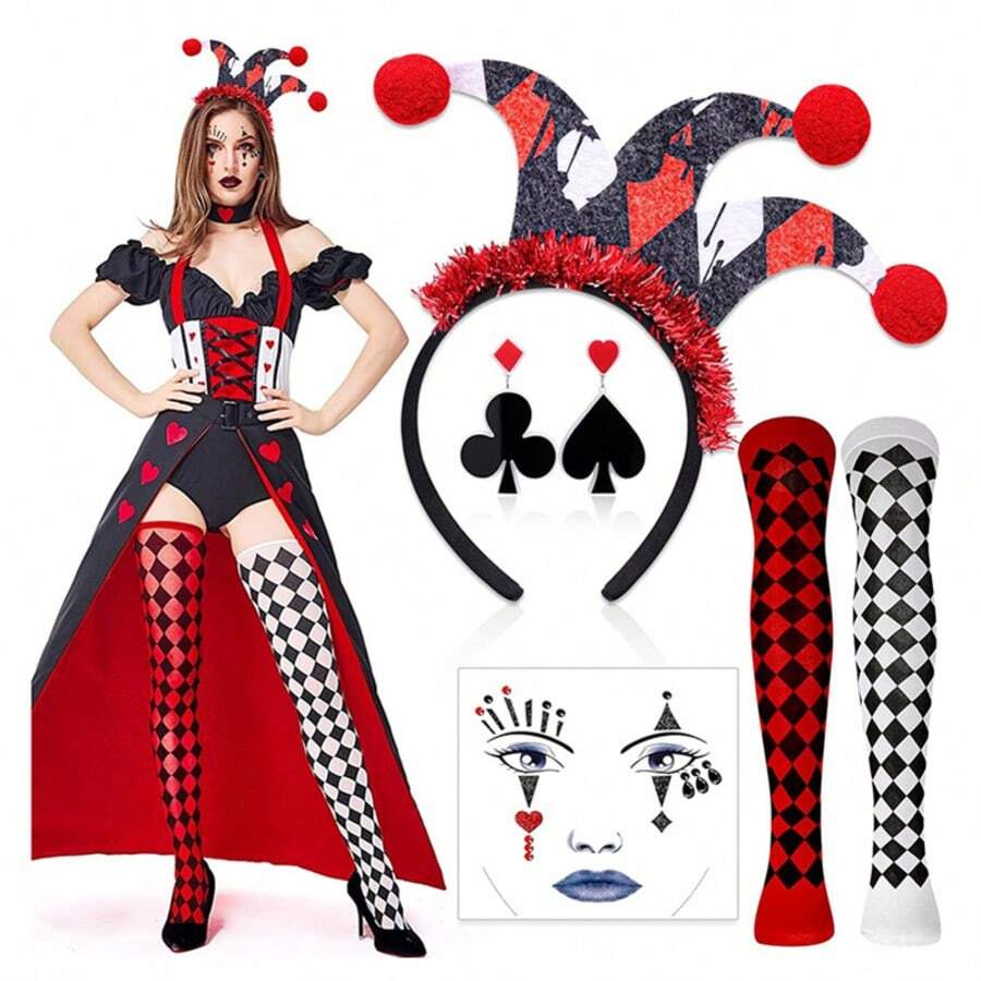 4pcs Poker Clown Accessory Set, Red & Black Plaid Long Socks, Clown Pointed Hat Headband, Poker Card Props, Halloween Cosplay Party Costume - Multicolor - View 1