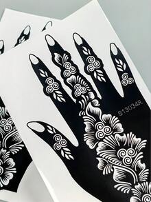 2件組花卉漩渦海娜手部紋身模板，左手與右手 Mehndi 貼紙模板，適用於婚禮、開齋節、派對身體彩繪，臨時紋身創作 - 黑色 - 查看 5