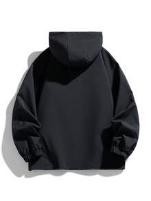 Nueva chaqueta con capucha casual para exteriores de talla grande para hombre, primavera/otoño, cómoda y ligera, adecuada para desplazamientos en todas las estaciones, con dobladillo ajustable con cordón para un ajuste perfecto, talla inclusiva - Negro - Ver 3
