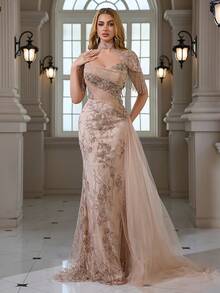 Ivity Tassel Shawl Mesh Ruched Elegant Hip-Hugging Fishtail Skirt Tulle Side Drape Evening Gown/Dry Cleanable/Suitable For Weddings, Banquets, Parties - Apricot - View 4