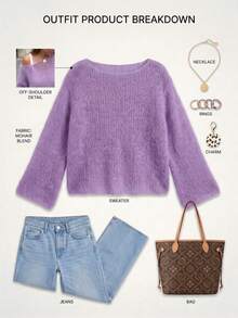 Purple INS Style Fluffy Mohair Pullover Knit Top, Asymmetrical Shoulder Chunky Hollow Out Loose Silhouette Sweater For Travel, Vacation And Daily Wear - Purple - View 7