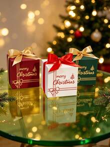5 hộp quà Noel bọc sẵn hình vuông tối giản với họa tiết ruy băng chéo và thông điệp ngày lễ viết tay, giá đỡ quà mini lắp nhanh cho trao đổi văn phòng, tiệc tối mùa đông, họp mặt gia đình và bàn tiệc lễ hội - 8X8X8cm - Xem 5