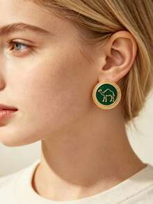 Saudi National Day Camel Stud Earrings Green Enamel Gold Round Earrings Holiday Jewelry Gift - Multicolor - View 1