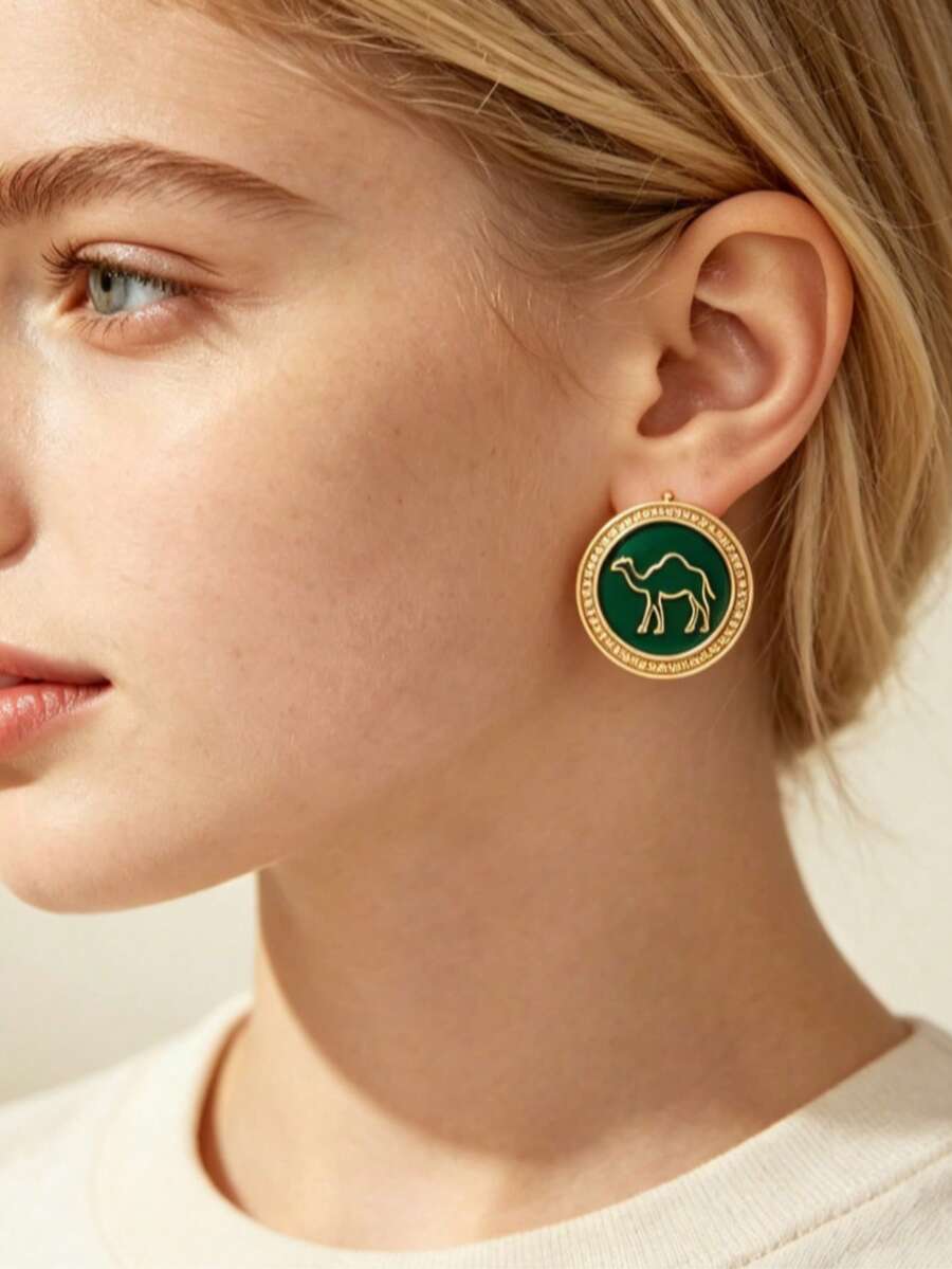 Saudi National Day Camel Stud Earrings Green Enamel Gold Round Earrings Holiday Jewelry Gift - Multicolor - View 1
