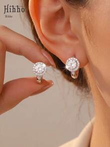 Hihho 1 Pair Minimalist Luxury, Versatile, Elegant Geometric Zirconia Embedded Rotatable Earrings, Suitable For Daily Wear, Commuting, Casual Outfits - Earrings - View 3