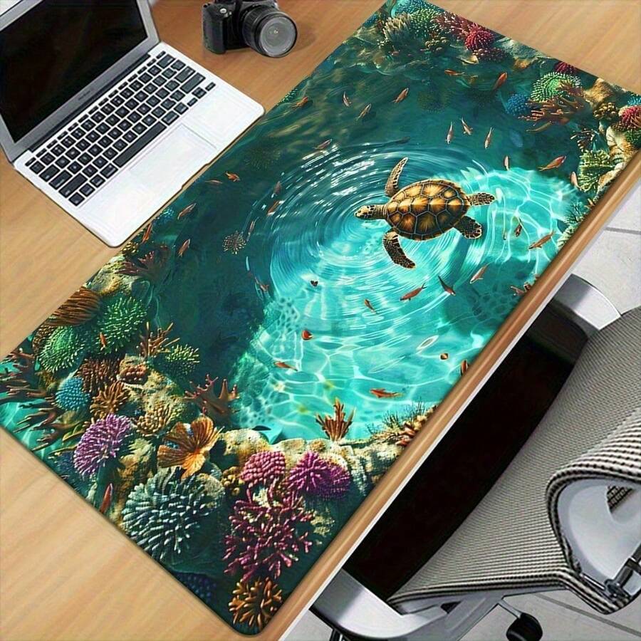 Tropical Sea Turtle And Coral Reef Fish Gaming Desk Mat / Mouse Pad - Vivid HD Print, Smooth And Durable Surface, Non-Slip Rubber Base; Suitable For Office Work And Gaming; Ocean-Themed Office Decor Accessory. - Mouse Pad - View 1
