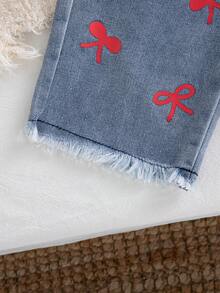 Autumn/Winter Baby Girl Cute Bright Red Flutter Sleeve Big Bow Top With T-Print Small Red Bow Frayed Hem Denim Jeans, Stylish Versatile Outfit Set - Red - View 9