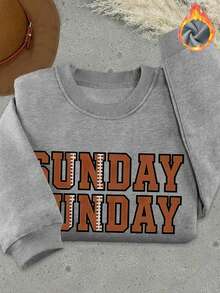秋冬女款「SUNDAY FUNDAY」圖案印花韓系 Y2K 大圓領街頭通勤運動衫 - 灰色 - 查看 2
