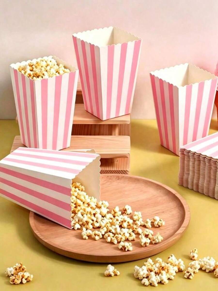 10pcs Pink Striped Popcorn Boxes, Party Gift Bags, Birthday Party Candy Boxes, Movie Theater Snack Containers, Popcorn, French Fries, Chicken Nuggets Back To School Season Decorative Tableware - Multicolor - View 1