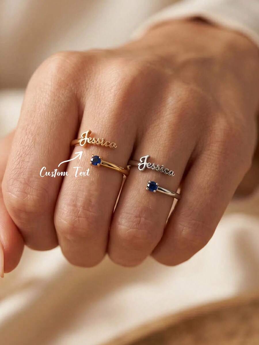 Custom Name Birthstone Rings For Women Men Open Adjustable Couples Ring Personalized Name Ring Christmas Mother's Day Jewelry Gift For Her - Multicolor - View 1