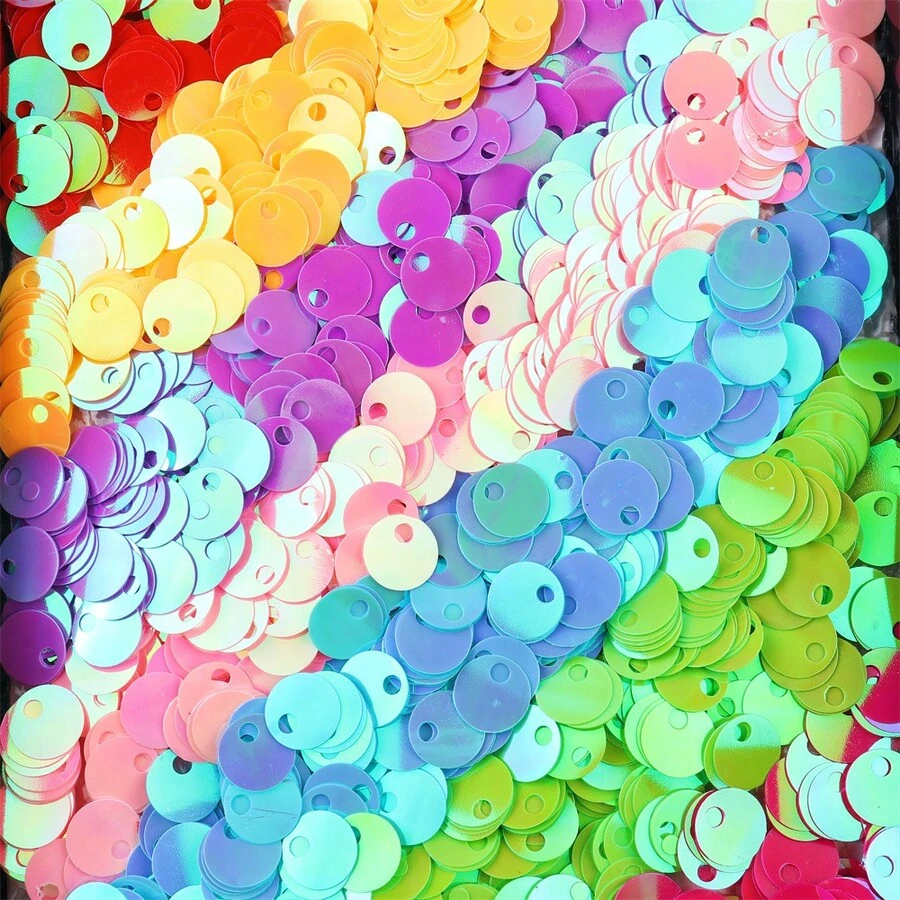 210pcs 15mm Large Hole Flat Round Metallic Glitter Pvc Silver Base AB Color Sequins Large Hole Loose Shiny Sequin Paillettes Spangles Applique Bulk For Sewing Making Crafts Embroidery Clothes Dresses Garment Diy