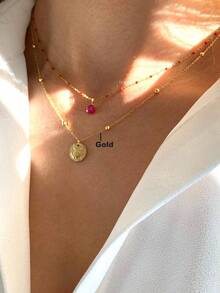 1pc 18K Gold Plate Stainless Steel Necklace Hammered Round Pendant Necklace Engraved Cave Round Coin Pendant Necklace Beaded Chain Necklace For Women - Necklace - View 2