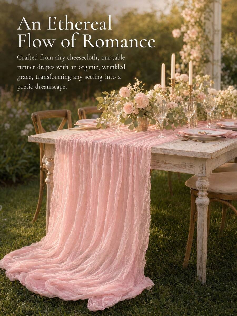 8pcs Light Pink Bohemian Style Cheesecloth Table Runner, Transparent Material, Suitable For Wedding Decor, Valentine's Day, Bridal Shower, Birthday Party And Other Occasions Table Setting - Light Pink - View 1