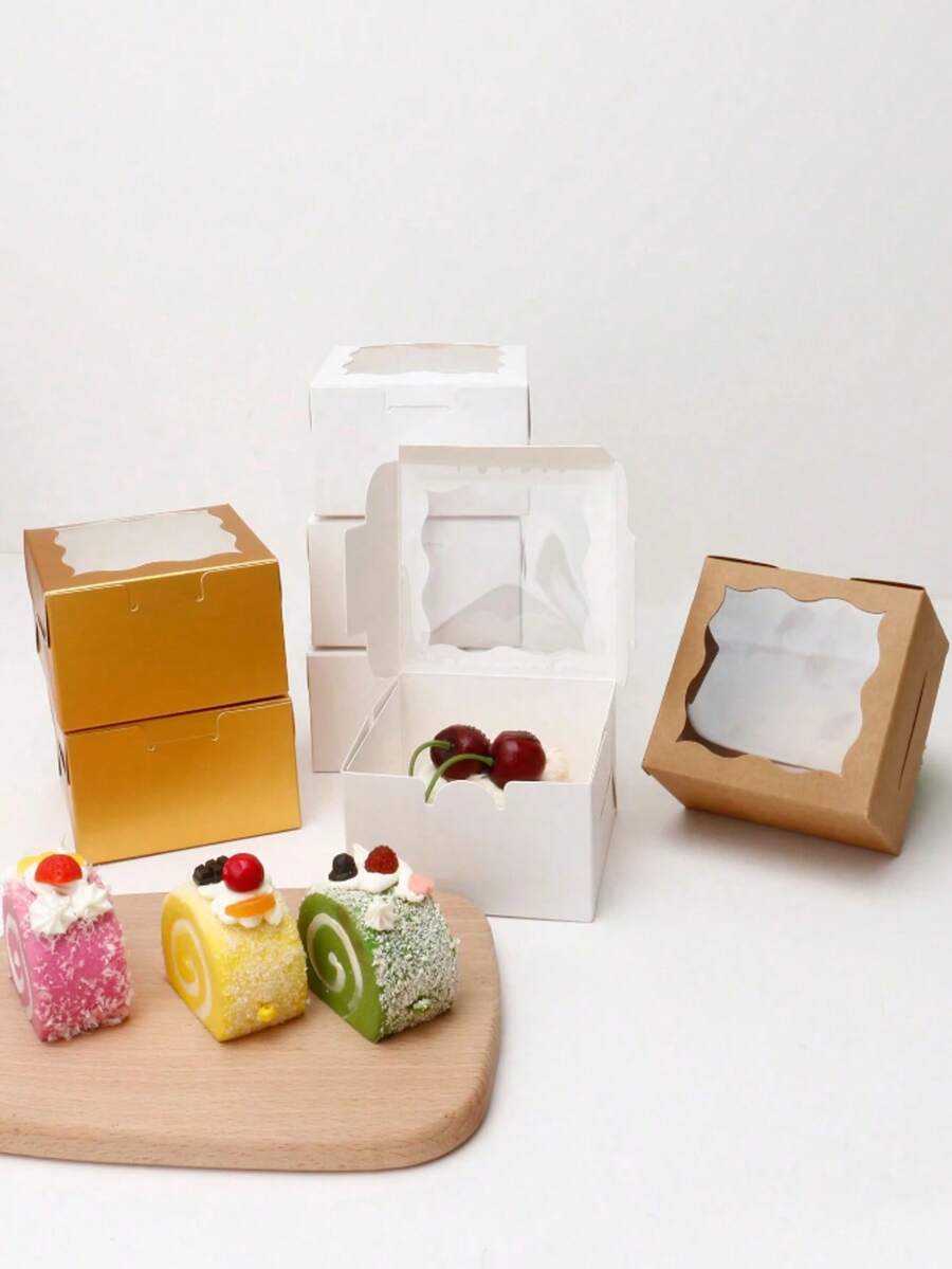 5pcs Square 6*6*3 Inch Transparent Window Gift Boxes, Foldable Cardboard Display Boxes For Desserts, Gift Packaging, Available In White, Kraft, Pink, Gold, Suitable For Halloween, Christmas Candy Packaging, Wedding, Birthday, Holiday And Small Gift Dessert Storage And Packaging - Multicolor - View 1