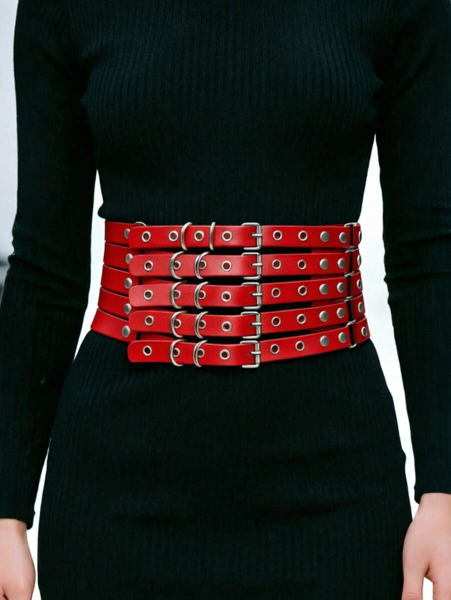 1pc Women's Red Punk Fashion Multi-Hole Metal Belt, Versatile Hollow Decorative Accessory - Red - View 1