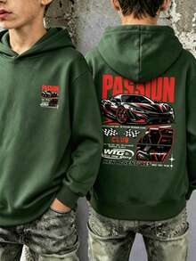 Boys' Supercar & Racing Checkered Flag Back Print Pullover Sweatshirt, Passion Club Letter Graphic Loose Fit Long Sleeve Streetwear Sweatshirt - Green - View 9