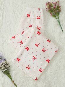 Women's Polka Dot & Bow Print Flannel Pajama Pants, Autumn/Winter - Apricot - View 2