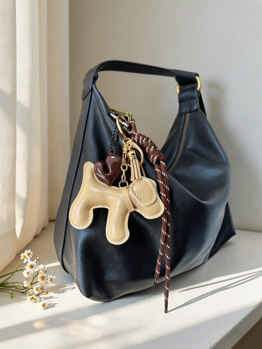 Cute PU Dog Bag Charm Keychain, Puppy Pendant With Heart Decoration Tassel And Braided Rope, Aesthetic Handbag Backpack Accessory, Gift For Women And Girls - Multicolor - View 1
