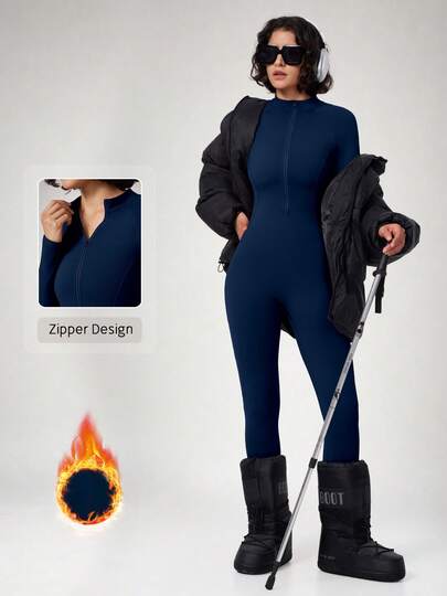 NcmRyu Women's 1pc Autumn/Winter Thermal Lined Solid Color Zipper Stand Collar Long Sleeve One-Piece Ski Suit