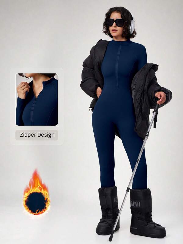 NcmRyu Baju Ski Terusan Wanita 1 Potong Musim Gugur/Dingin, Lapisan Termal, Warna Polos, Resleting, Kerah Tegak, Lengan Panjang