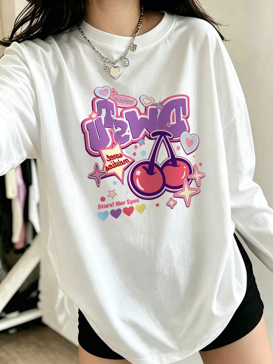 女童 Y2K 櫻桃愛心星星印花長袖 T 恤 - 白色 - 查看 1