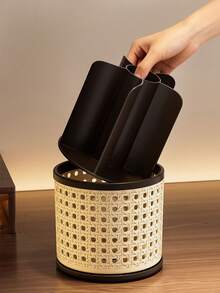 2pcs/1pc Retro Rattan‑Look Rotating Pen Holder, Multi‑Slot Makeup Brush Storage Organizer, Large‑Capacity Desktop Container, Vanity Cosmetic Brush Holder, Hollow Stylish Desk Organizer For Office & Student Stationery - Multicolor - View 3