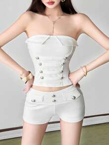 Top Dazzle Chic White Strapless Top With Decorative Buttons And Open Back Design, Knit Fabric, Creating A Fashionable Summer Look - White - View 10