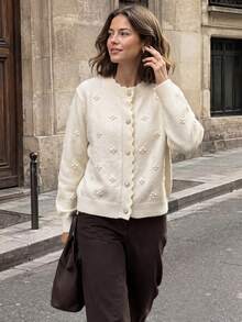 JIANHU Korean Style Knitted Cardigan - Soft Blue Sweater With 3D Floral Decor And Ruffle Buttons, Adorable High Collar Jacket, Suitable For Daily And Office Wear, Autumn/Winter - White - View 1