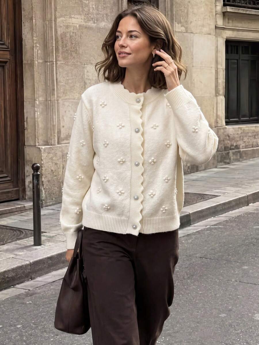 JIANHU Korean Style Knitted Cardigan - Soft Blue Sweater With 3D Floral Decor And Ruffle Buttons, Adorable High Collar Jacket, Suitable For Daily And Office Wear, Autumn/Winter - White - View 1