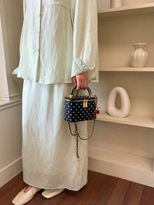 Handbag With All-Over Polka Dot Print, Small Square Box Shape, Detachable Long Chain Strap For Crossbody Wear, Smooth Zipper Closure For Easy Access, Comes With Cherry Charm, Suitable For Shopping, Dating, Commuting And Travel - Black - View 5