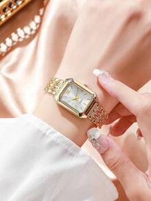 Women's Vintage Square Dial Quartz Watch & Rhinestone Bracelet 2pcs Set, Elegant Metal Band Wristwatch Jewelry Set, Multiple Colors Available - Gold - View 10