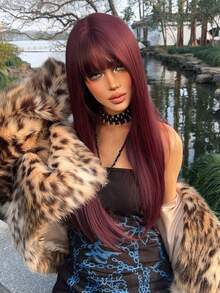 alicegarden 24 Inch Long Synthetic Wig, Natural Straight Style, Stunning Burgundy Red, With Bangs, Suitable For Women's Daily, Party, Cosplay Use, Natural And Durable, Women's Wig Gift - Burgundy - View 1