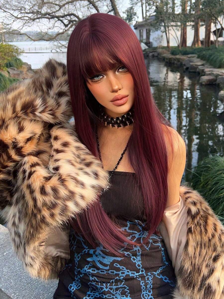 alicegarden 24 Inch Long Synthetic Wig, Natural Straight Style, Stunning Burgundy Red, With Bangs, Suitable For Women's Daily, Party, Cosplay Use, Natural And Durable, Women's Wig Gift - Burgundy - View 1