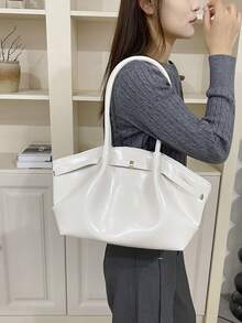 1件白色夏季新款金屬配件飾帶大容量純色PU托特包女款單肩包 - 白色 - 查看 5