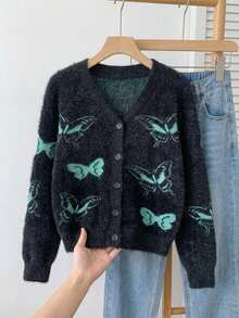 Girls' Street Style Butterfly Knit Cardigan, Faux Fur Trim, Versatile For Daily Wear, Spring/Autumn/Winter - Black - View 3