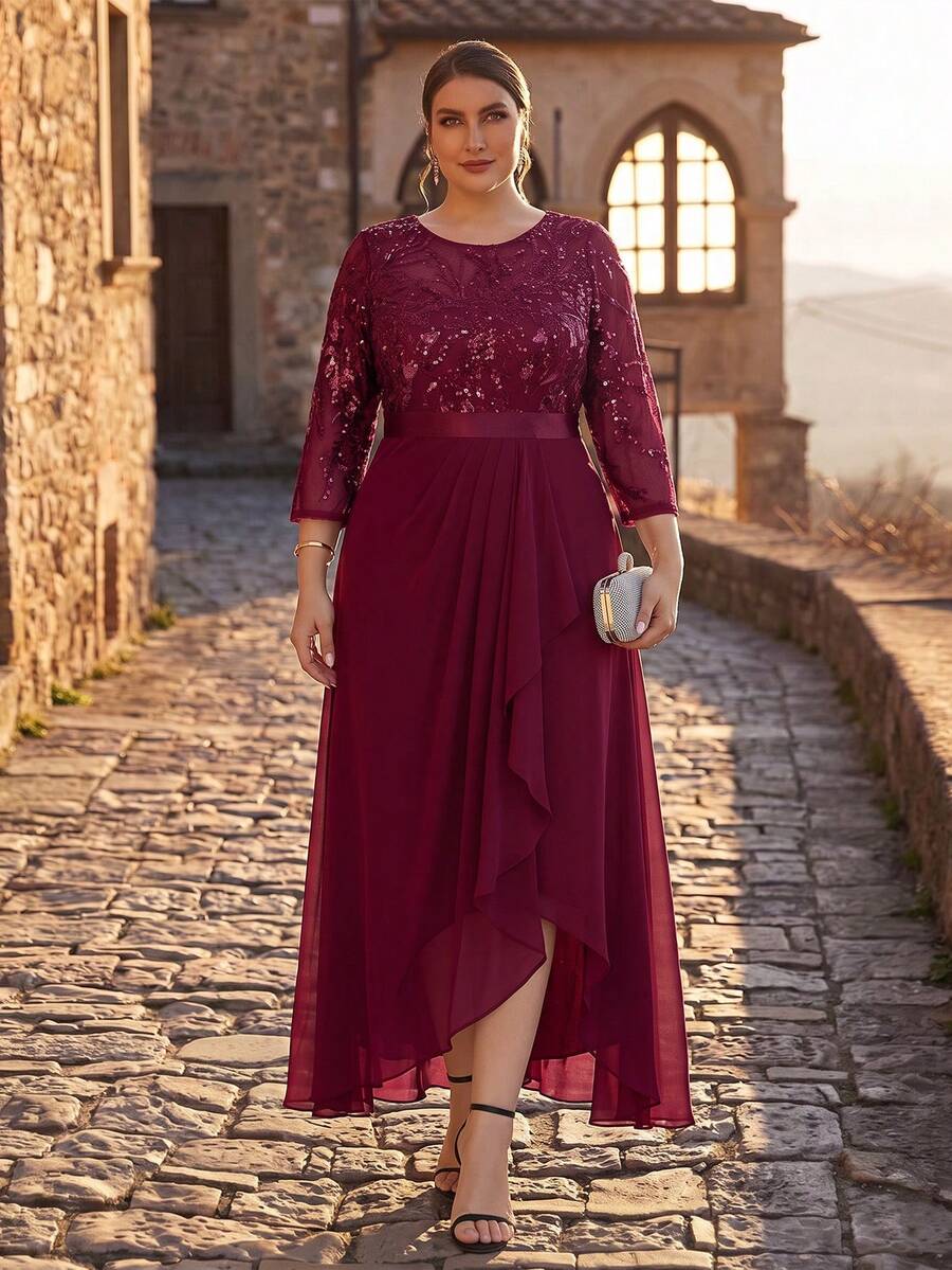 EVERPRETTY Women's Plus Size Elegant Burgundy Sequin Formal Dress, Round Neck 3/4 Sleeve, Ruffle Asymmetrical Hem Midi Length - Burgundy - View 1