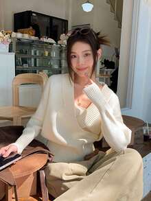 [Y6Y] Sweater Rajut Wanita Musim Gugur/Dingin Model V-Neck, Gaya Korea, Desain Longgar dan Lembut - Krem - View 4