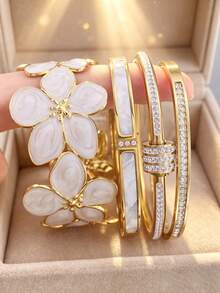 4/1pc Stackable Enamel Rhinestone Bracelet Set, 18K Gold Plated Stainless Steel Bangle, Minimalist Luxury Non-Fading Women's Wrist Accessory Gift - White - View 8