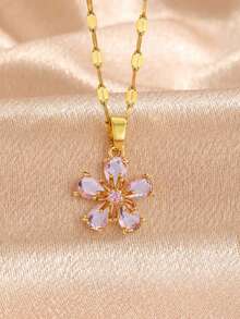 1pc Copper & Zirconia Five-Petal Flower Pendant Necklace With Stainless Steel Chain For Girls Delicate Fashion Party Clavicle Chain For Daily Life - Pink - View 2