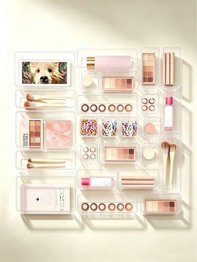 1pc 4-Size Transparent Storage Box, Large Capacity Cosmetic Organizer, Desktop Jewelry & Stationery Makeup Drawer Container, Storage Organizer, Drawer Divider, Cosmetic Display Box, Vanity Makeup Brush Tray, Used To Organize Your Drawers, Suitable For Vanity, Bathroom, Bedroom, Office, Multi-Functional Storage Box