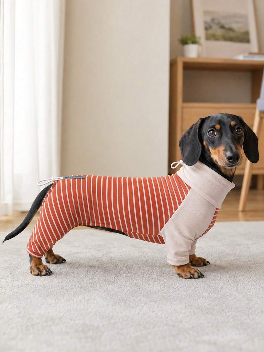 1PC Classic Striped Dachshund Dog Pajamas With Adjustable Neck And Back Drawstring, Soft High Stretch Warm Pet Jumpsuit - Red - View 1