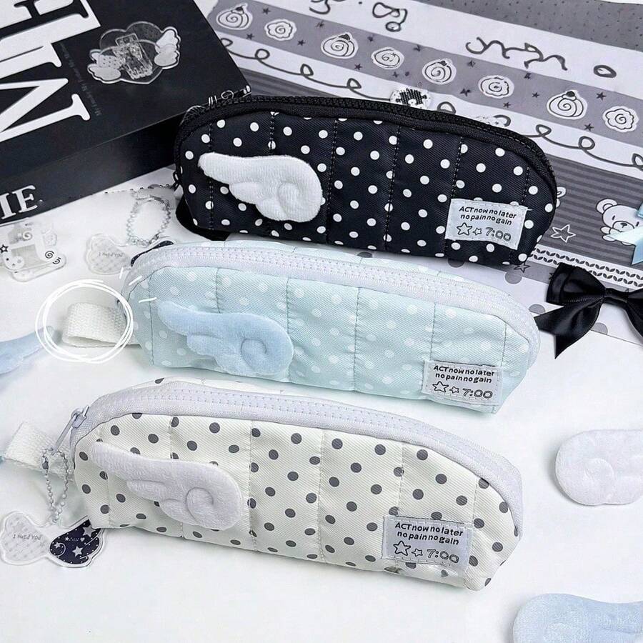 Fluffy Angel Wings Polka Dot Quilted Pencil Case, Korean Style Stationery, Back To School, Pen, Ruler, Eraser All-In-One Mesh Storage Bag, School Supplies, Pencil Case - A - View 1