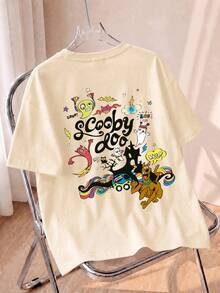 Whysmera SHEIN X SCOOBY-DOO Loose Short Sleeve T-Shirt, Fun Cartoon Dog Letter & Paw Print Combo Print, American Retro Commemorative Style - Apricot - View 1