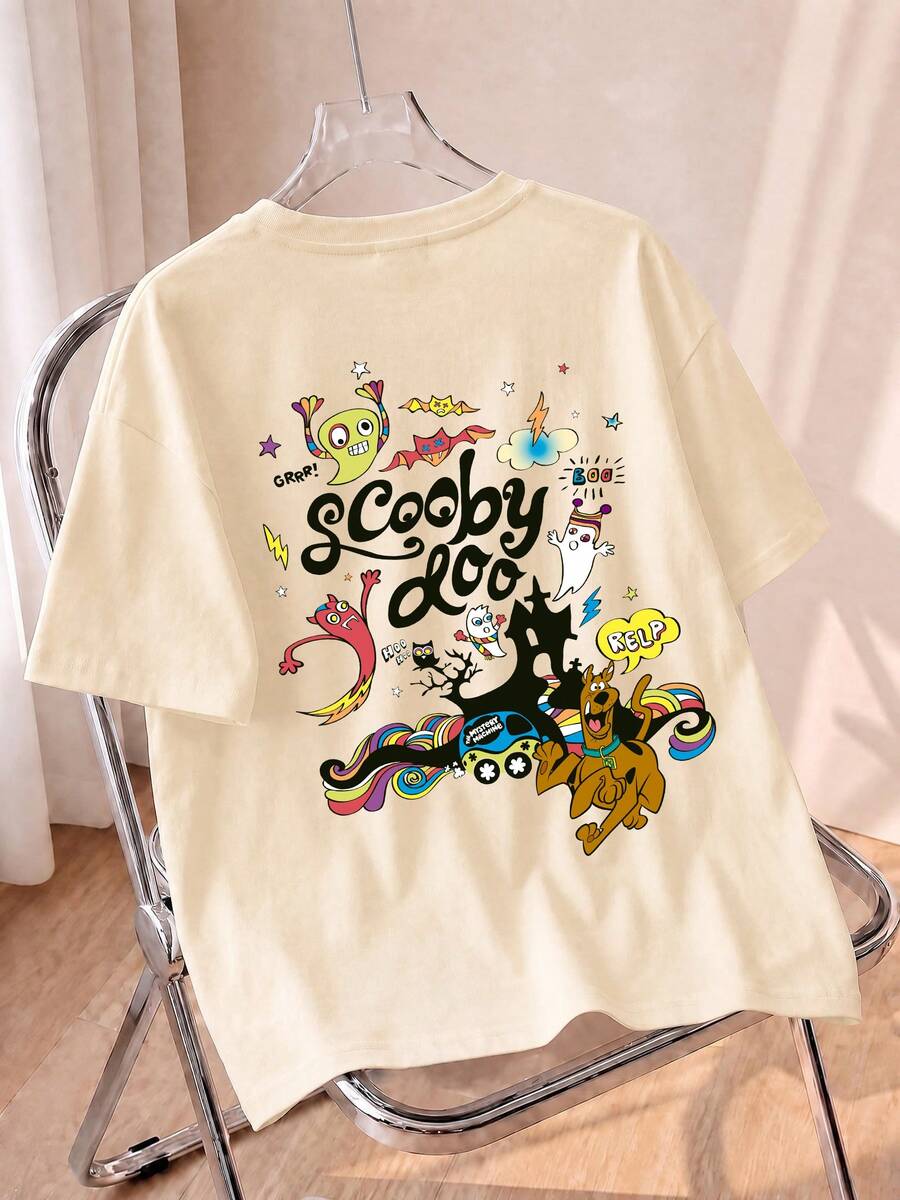 Whysmera SHEIN X SCOOBY-DOO Loose Short Sleeve T-Shirt, Fun Cartoon Dog Letter & Paw Print Combo Print, American Retro Commemorative Style - Apricot - View 1