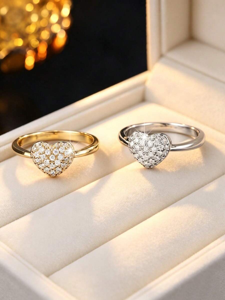 1 pieza Anillo con forma de corazón totalmente de strass para mujer, diseño de nicho, lujo ligero, alta gama, estilo INS, versátil para uso diario - JZ23968 - Ver 1