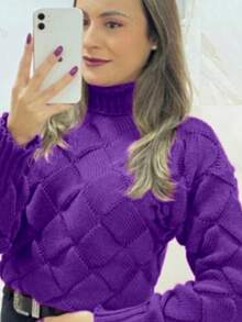 TRICOZHU Women's Blouse HIGH NECK THICK WAVE WINTER KNIT Long Sleeve Blouse 2023 FASHION - Bold Plum - View 2