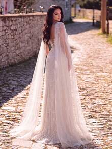 Faeriesty Sequin Shimmering Mermaid Evening Gown With Transparent Shawl, Elegant And Noble Formal Occasion Attire Fall Wedding - 香檳色 - 查看 2