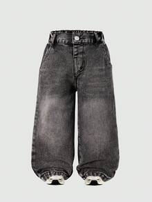 Young Boys Fashion Stone Washed Casual Wide Leg Loose Black Denim Jeans - Black - View 2